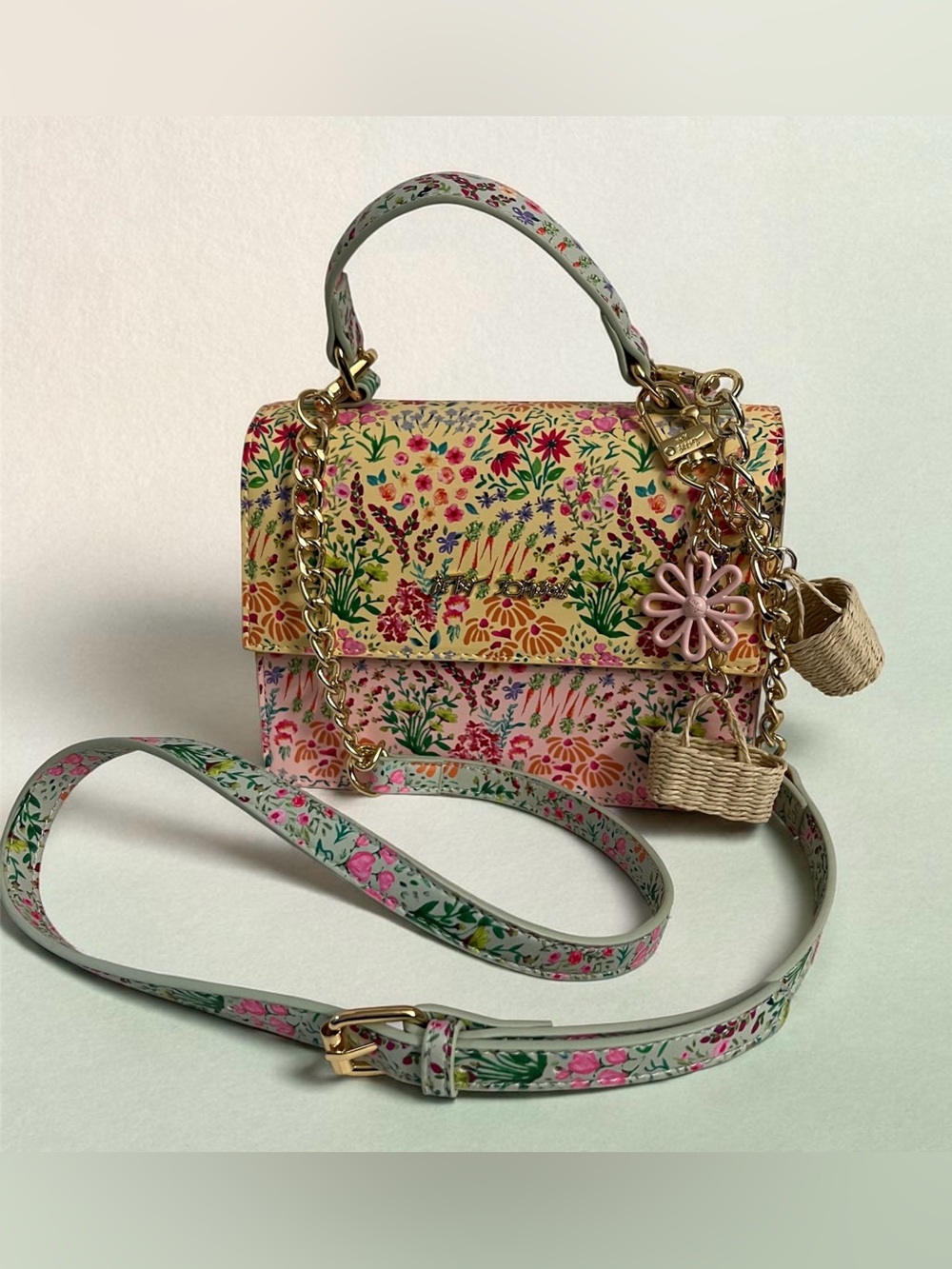 Betsey Johnson Yellow Pink Floral Mini Crossbody with Charms